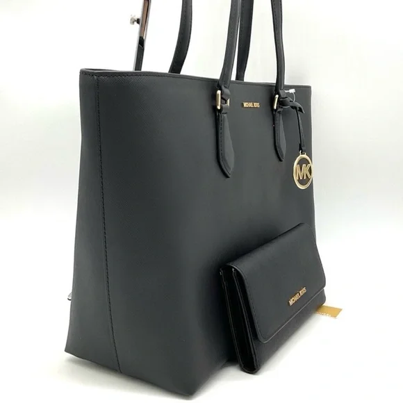 Michael Kors Bag Large Sheila Mf Tote Bag & Large Trifold Wallet Black/Gold - Picture 4 of 14